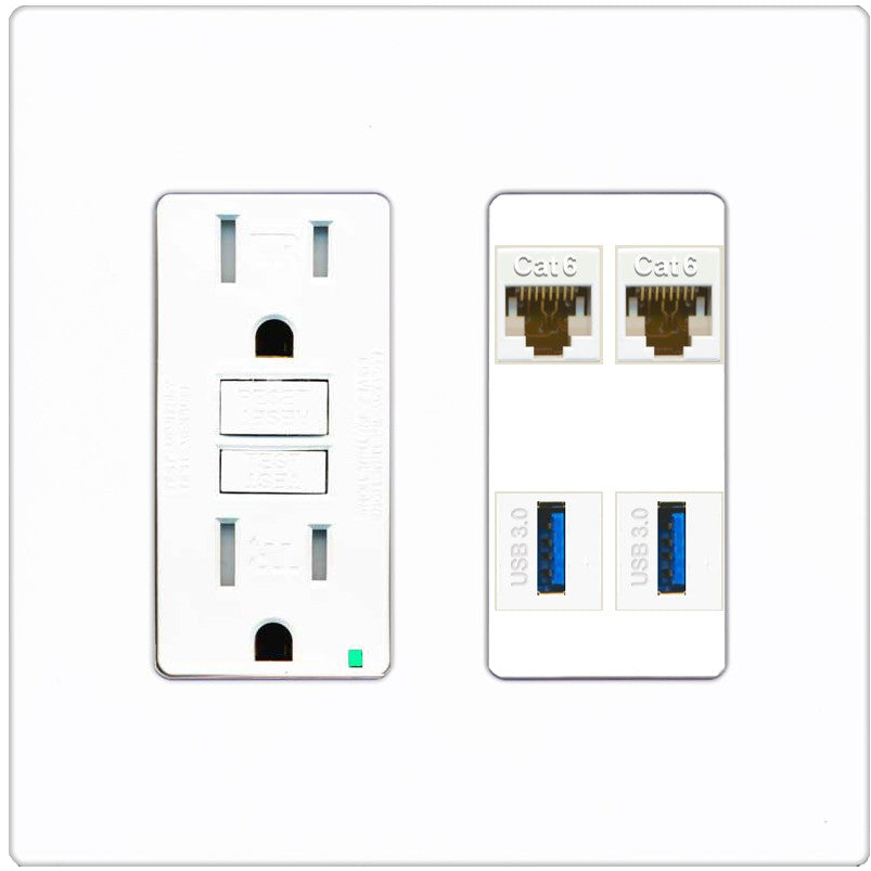 RiteAV 2 Port Cat6 2 USB3 Wall Plate - GFCI Outlet [Screwless White]