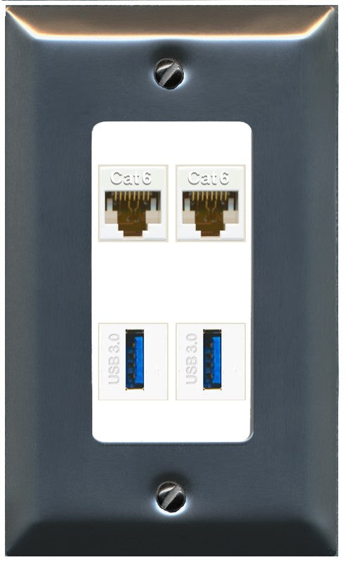 RiteAV 2 Port Cat6 2 USB3 Wall Plate - 1 Gang Decorative [Stainless/White]