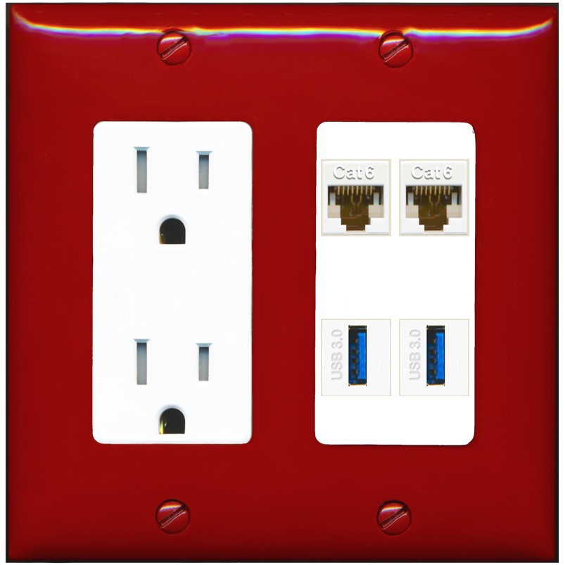 RiteAV 2 Port Cat6 2 USB3 Wall Plate - Tamper-Resistant Outlet [Red/White]