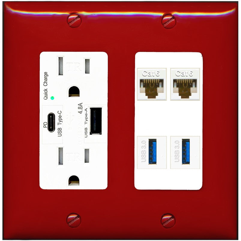 RiteAV 2 Port Cat6 2 USB3 Wall Plate - USB A+C Outlet [Red/White]