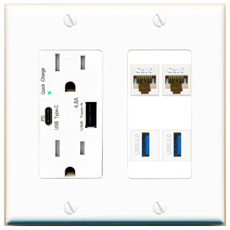 RiteAV 2 Port Cat6 2 USB3 Wall Plate - USB A+C Outlet [White]