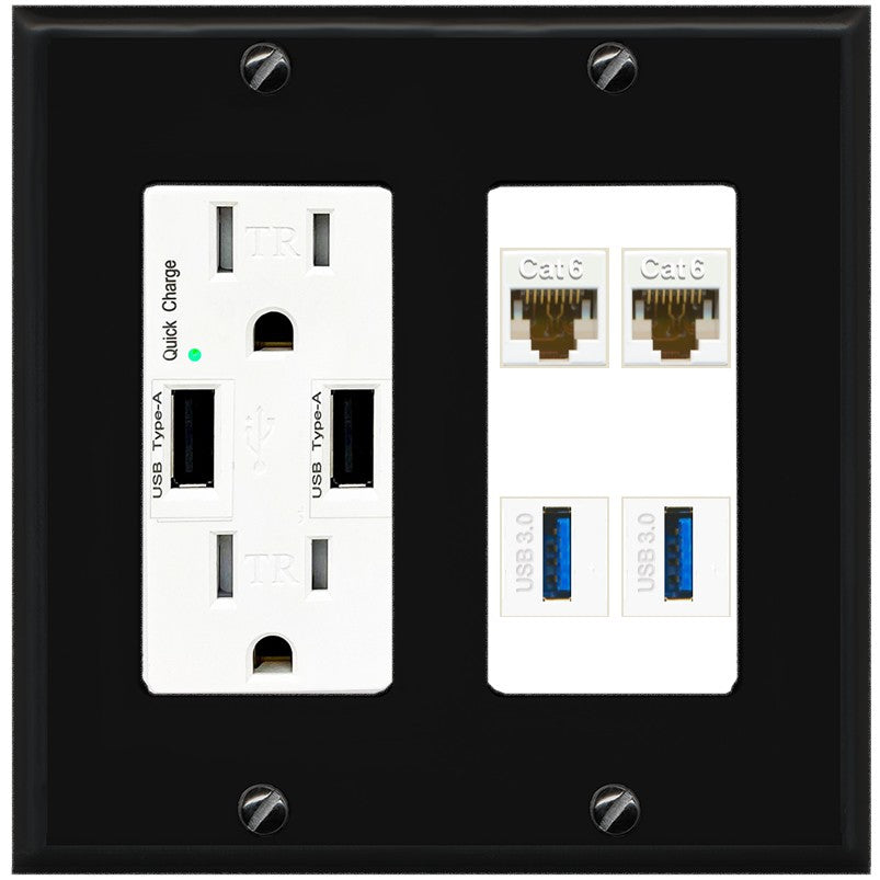 RiteAV 2 Port Cat6 2 USB3 Wall Plate - USB Outlet [Black/White]