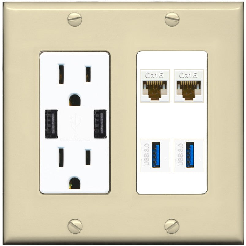 RiteAV 2 Port Cat6 2 USB3 Wall Plate - USB Outlet [Ivory/White]