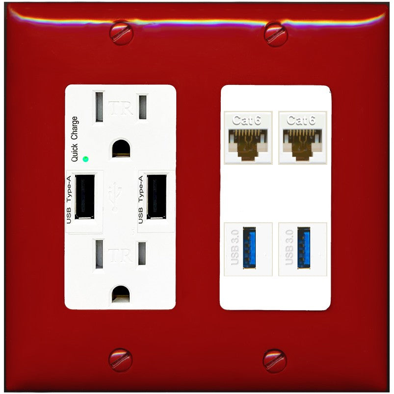 RiteAV 2 Port Cat6 2 USB3 Wall Plate - USB Outlet [Red/White]