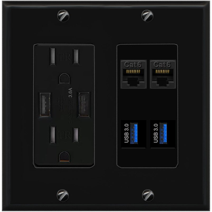 RiteAV 2 Port Cat6 2 USB3 Wall Plate - USB Outlet [Black/Black]