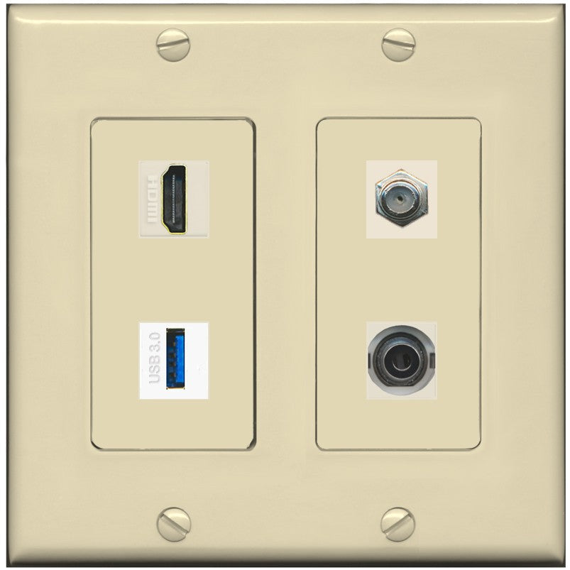 RiteAV HDMI and Coax USB3 + 3.5mm Jack Wall Plate - 2 Gang [Ivory/Ivory]