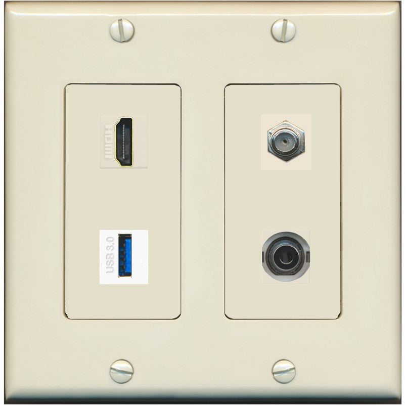 RiteAV HDMI and Coax USB3 + 3.5mm Jack Wall Plate - 2 Gang [Light-Almond]