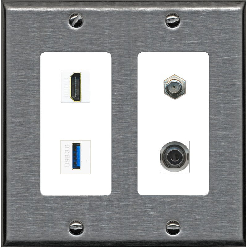 RiteAV HDMI and Coax USB3 + 3.5mm Jack Wall Plate - 2 Gang [Stainless/White]