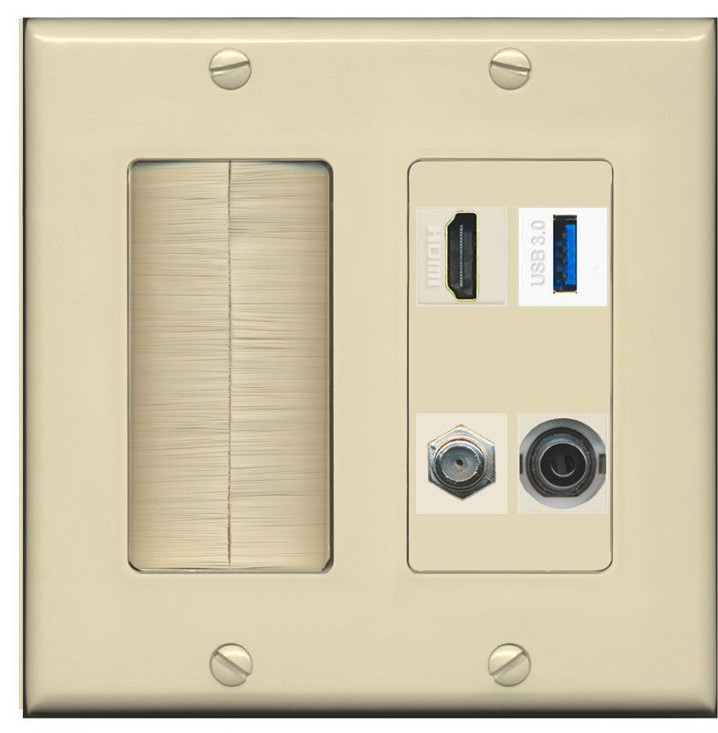 RiteAV HDMI and Coax USB3 + 3.5mm Jack Wall Plate - Brush [Ivory/Ivory]