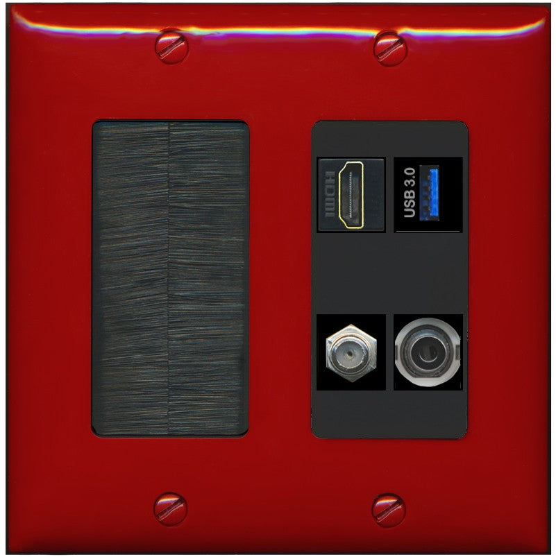 RiteAV HDMI and Coax USB3 + 3.5mm Jack Wall Plate - Brush [Red/Black]