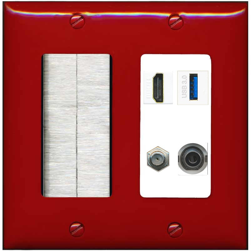 RiteAV HDMI and Coax USB3 + 3.5mm Jack Wall Plate - Brush [Red/White]