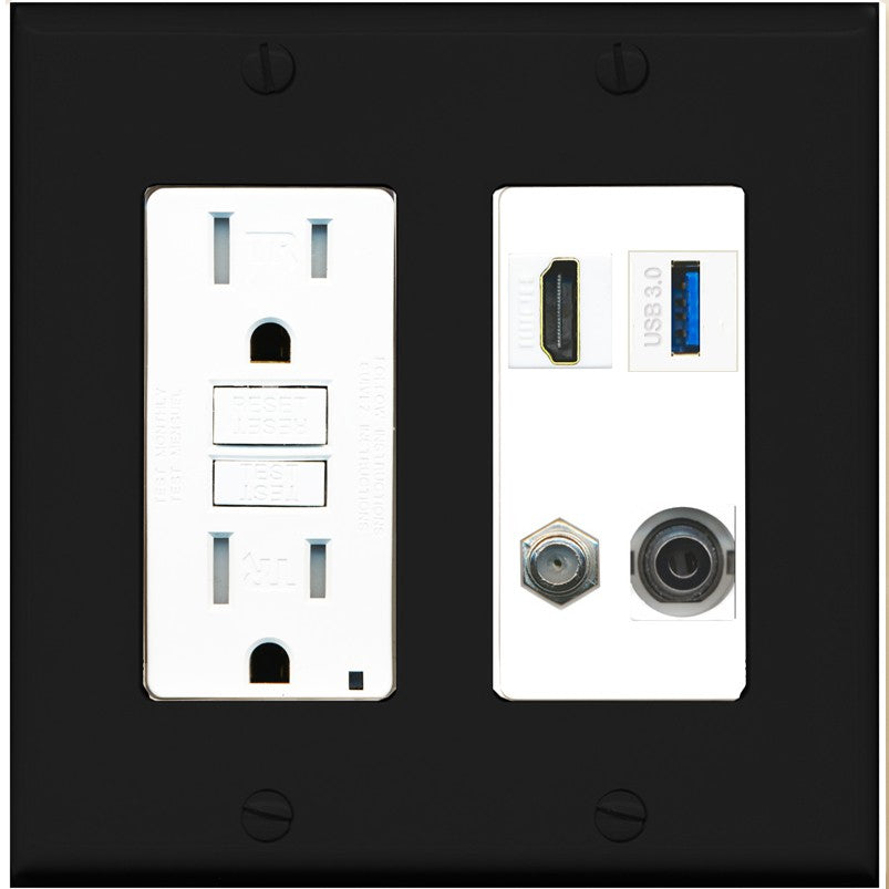 RiteAV HDMI and Coax USB3 + 3.5mm Jack Wall Plate - GFCI Outlet [Black/White]