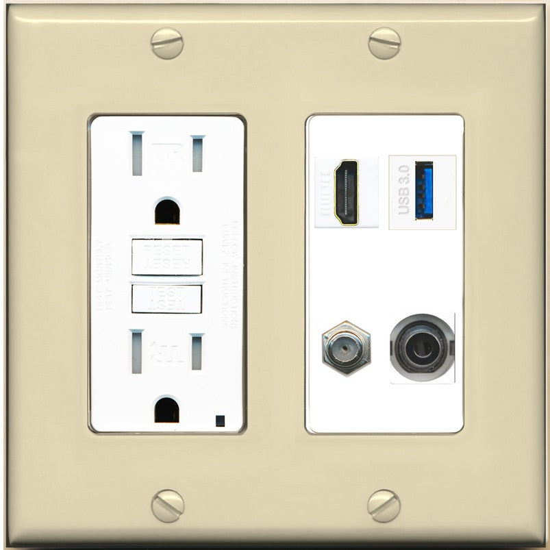 RiteAV HDMI and Coax USB3 + 3.5mm Jack Wall Plate - GFCI Outlet [Ivory/White]