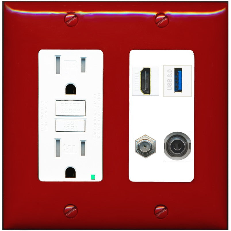 RiteAV HDMI and Coax USB3 + 3.5mm Jack Wall Plate - GFCI Outlet [Red/White]