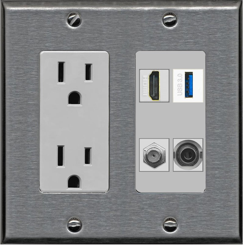 RiteAV HDMI and Coax USB3 + 3.5mm Jack Wall Plate - Outlet [Stainless/Gray]