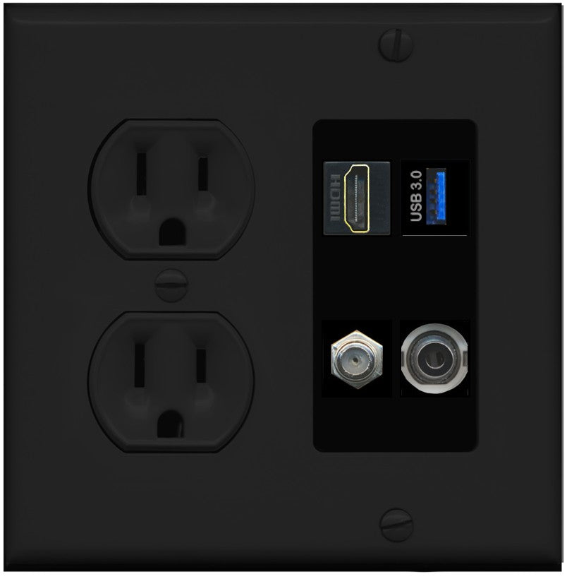 RiteAV HDMI and Coax USB3 + 3.5mm Jack Wall Plate - Round Outlet [Black/Black]