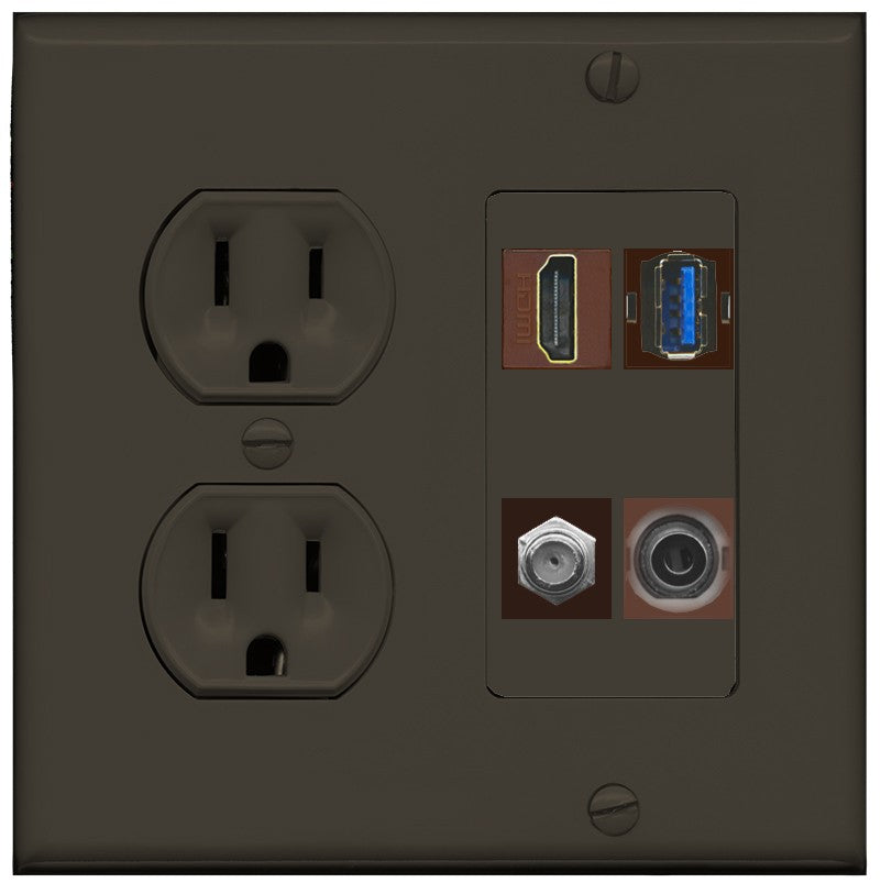 RiteAV HDMI and Coax USB3 + 3.5mm Jack Wall Plate - Round Outlet [Brown/Brown]