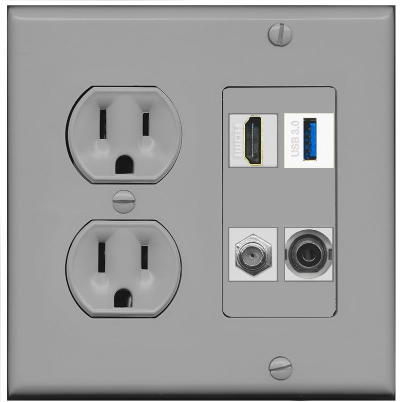 RiteAV HDMI and Coax USB3 + 3.5mm Jack Wall Plate - Round Outlet [Gray/Gray]