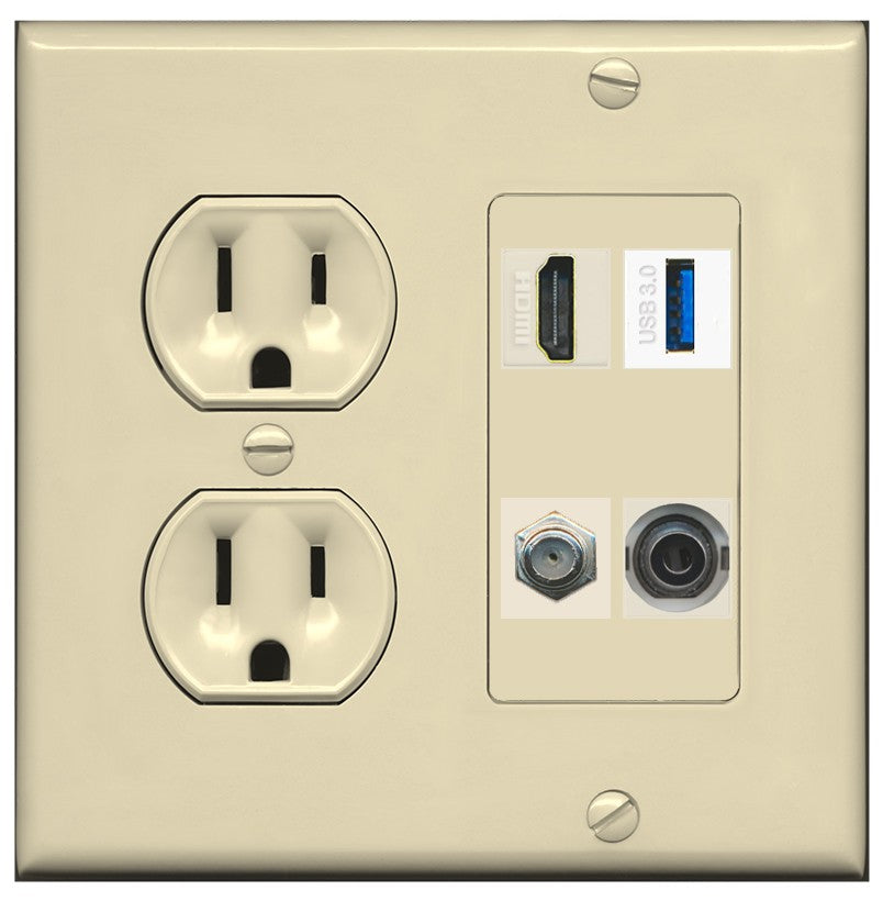 RiteAV HDMI and Coax USB3 + 3.5mm Jack Wall Plate - Round Outlet [Ivory/Ivory]