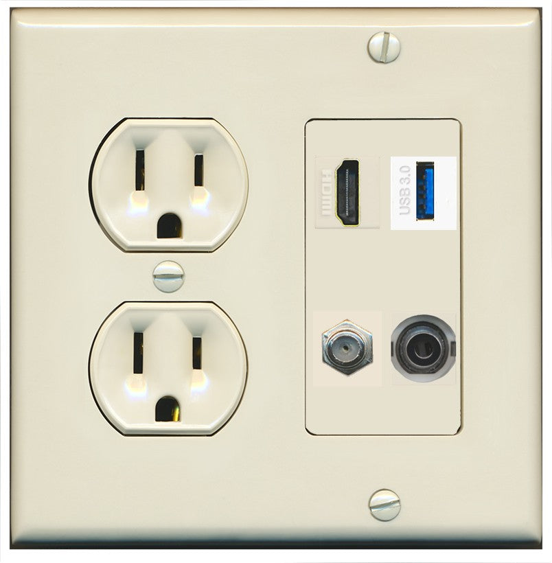 RiteAV HDMI and Coax USB3 + 3.5mm Jack Wall Plate - Round Outlet [Light-Almond]