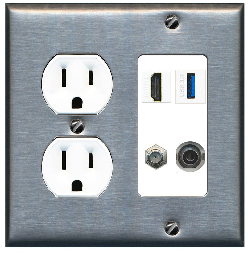RiteAV HDMI and Coax USB3 + 3.5mm Jack Wall Plate - Round Outlet [Stainless/White]