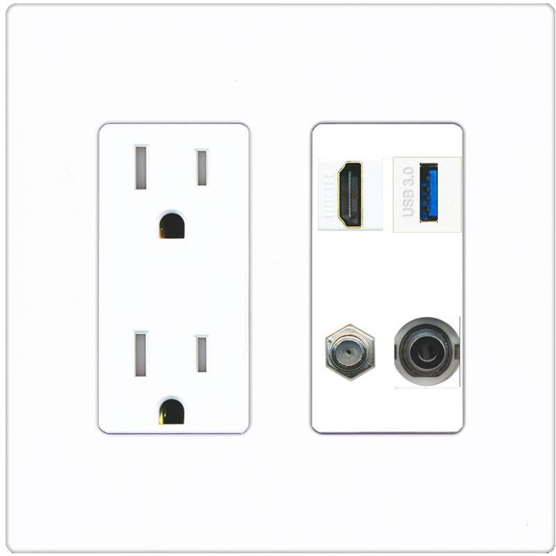 RiteAV HDMI and Coax USB3 + 3.5mm Jack Wall Plate - Tamper-Resistant Outlet [Screwless White]