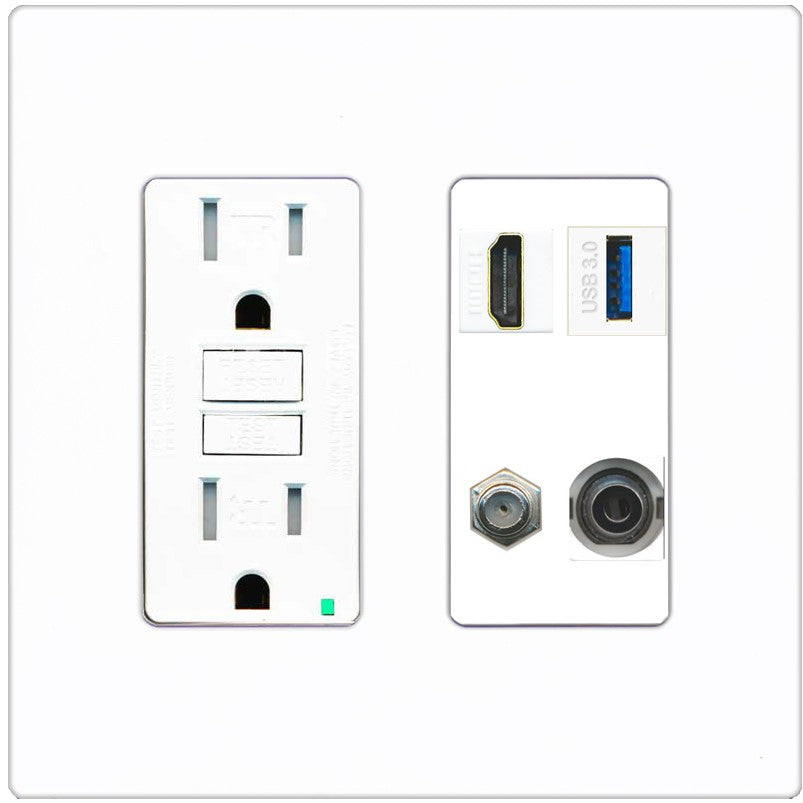 RiteAV HDMI and Coax USB3 + 3.5mm Jack Wall Plate - GFCI Outlet [Screwless White]