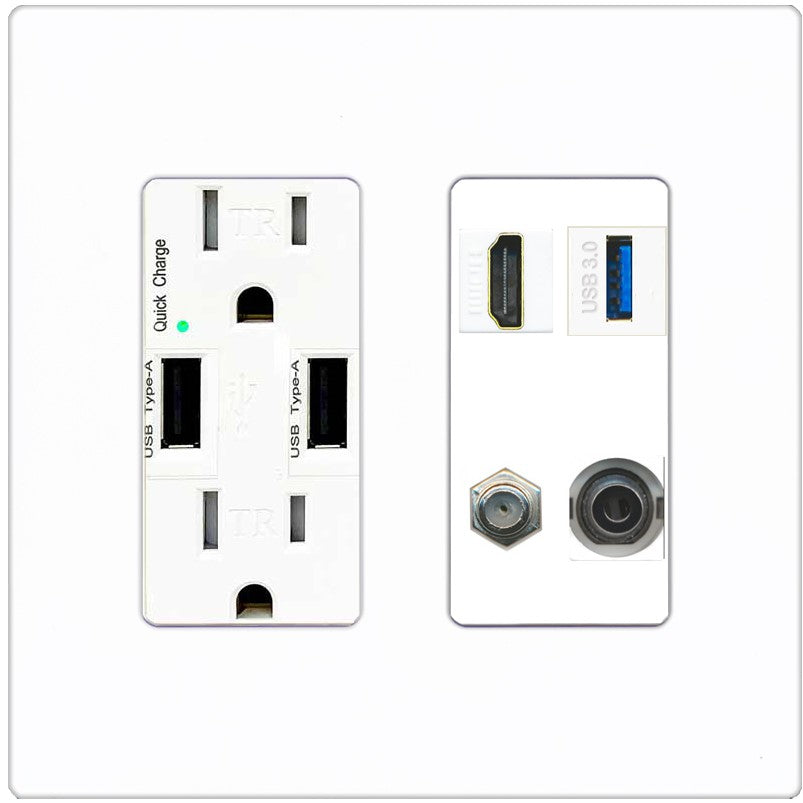RiteAV HDMI and Coax USB3 + 3.5mm Jack Wall Plate - USB Outlet [Screwless White]
