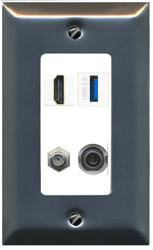 RiteAV HDMI and Coax USB3 + 3.5mm Jack Wall Plate - 1 Gang Decorative [Stainless/White]