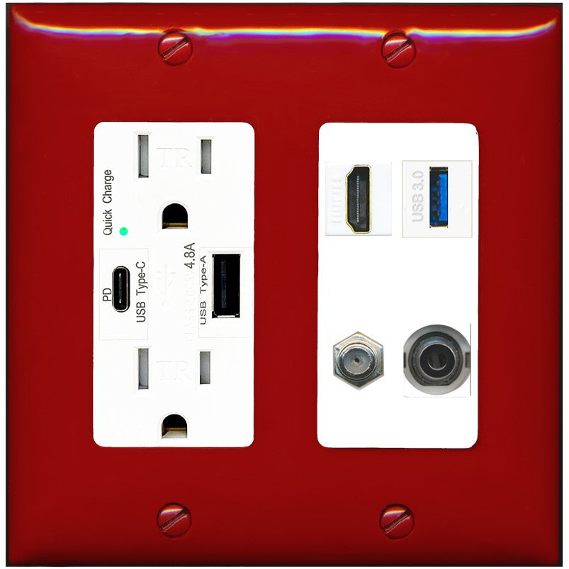 RiteAV HDMI and Coax USB3 + 3.5mm Jack Wall Plate - USB A+C Outlet [Red/White]