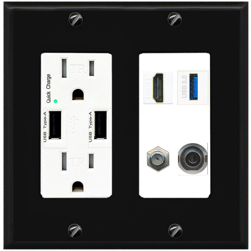RiteAV HDMI and Coax USB3 + 3.5mm Jack Wall Plate - USB Outlet [Black/White]
