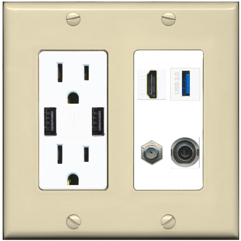 RiteAV HDMI and Coax USB3 + 3.5mm Jack Wall Plate - USB Outlet [Ivory/White]