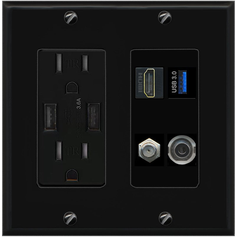 RiteAV HDMI and Coax USB3 + 3.5mm Jack Wall Plate - USB Outlet [Black/Black]