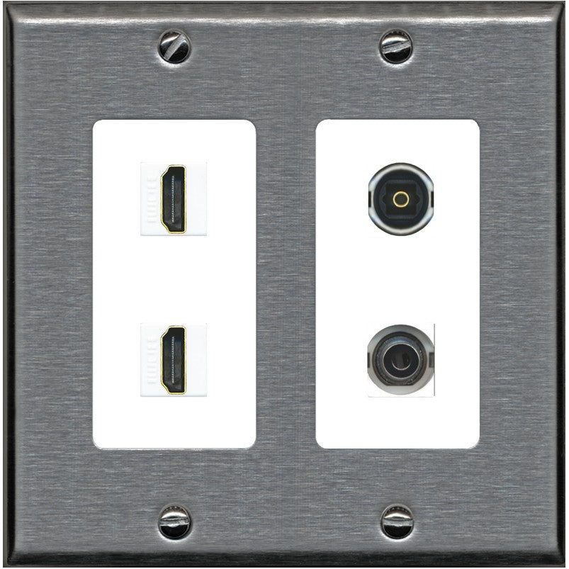 RiteAV 2 Port HDMI 1 Toslink 3.5mm Jack Wall Plate - 2 Gang [Stainless/White]