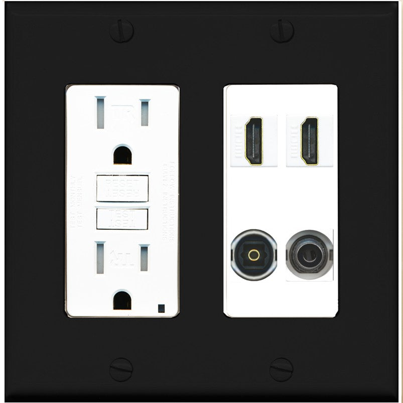 RiteAV 2 Port HDMI 1 Toslink 3.5mm Jack Wall Plate - GFCI Outlet [Black/White]