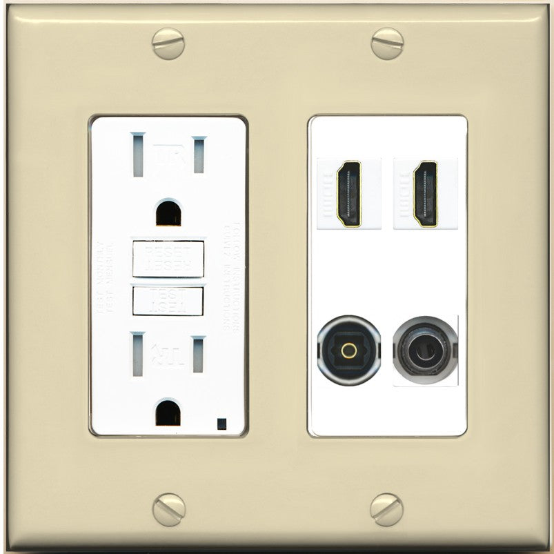 RiteAV 2 Port HDMI 1 Toslink 3.5mm Jack Wall Plate - GFCI Outlet [Ivory/White]