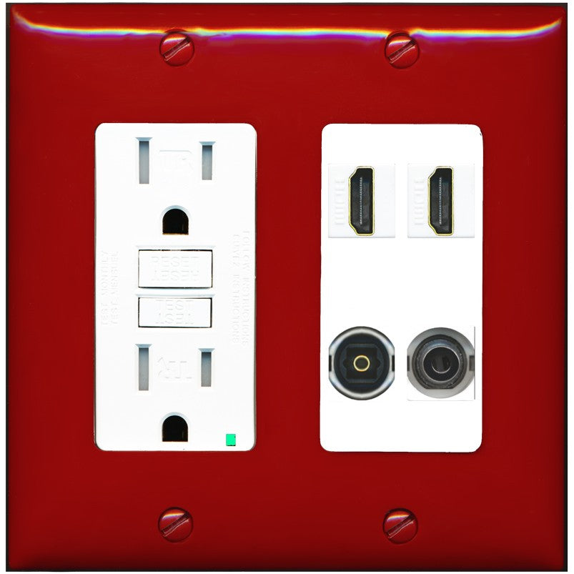 RiteAV 2 Port HDMI 1 Toslink 3.5mm Jack Wall Plate - GFCI Outlet [Red/White]