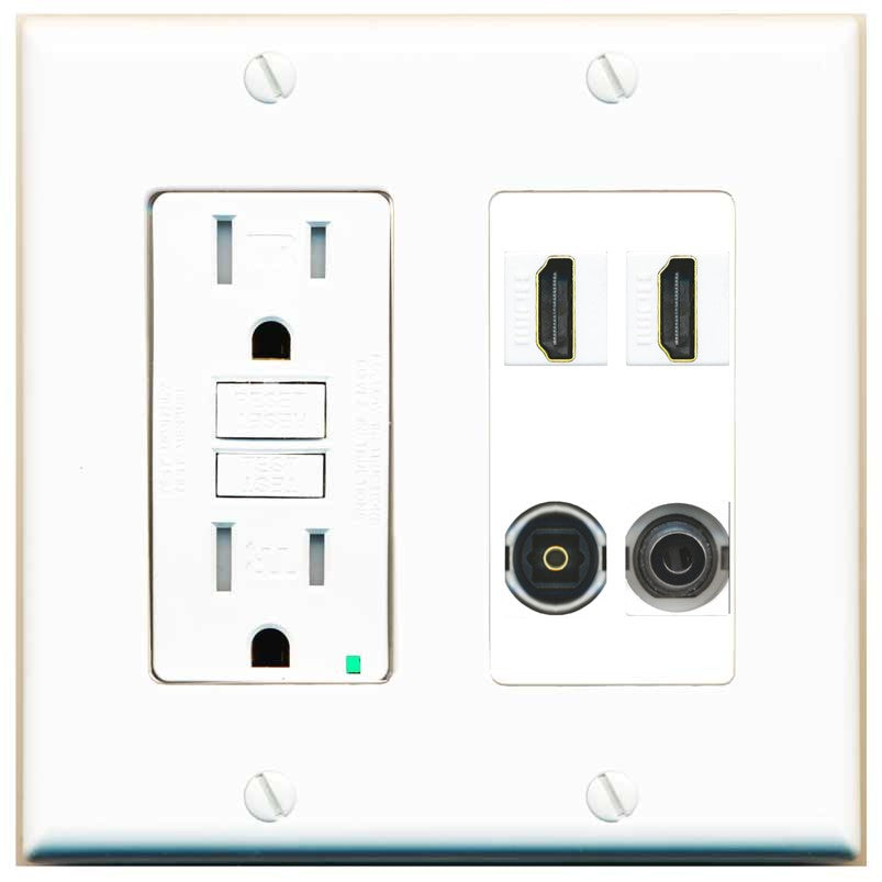 RiteAV 2 Port HDMI 1 Toslink 3.5mm Jack Wall Plate - GFCI Outlet [White]