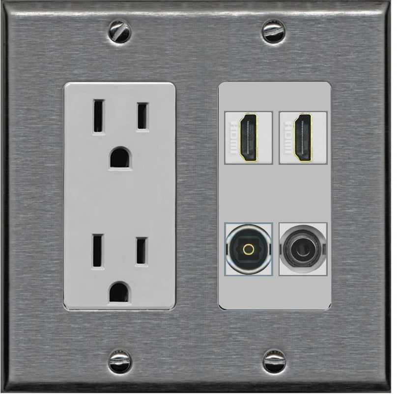 RiteAV 2 Port HDMI 1 Toslink 3.5mm Jack Wall Plate - Outlet [Stainless/Gray]