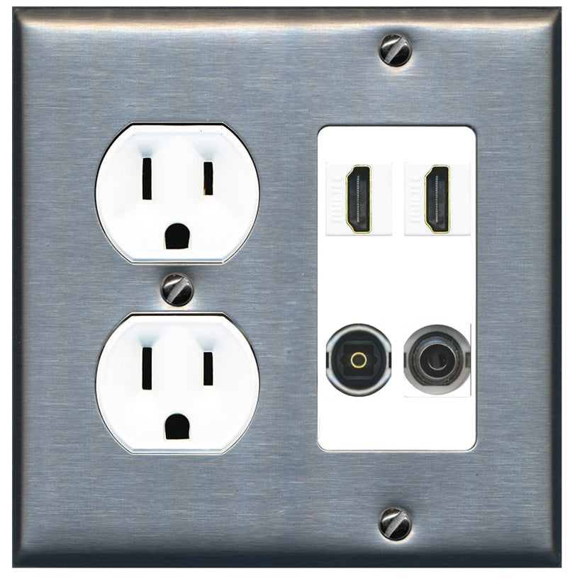 RiteAV 2 Port HDMI 1 Toslink 3.5mm Jack Wall Plate - Round Outlet [Stainless/White]