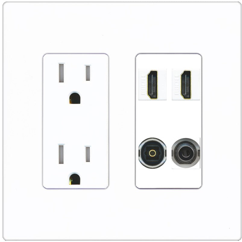 RiteAV 2 Port HDMI 1 Toslink 3.5mm Jack Wall Plate - Tamper-Resistant Outlet [Screwless White]