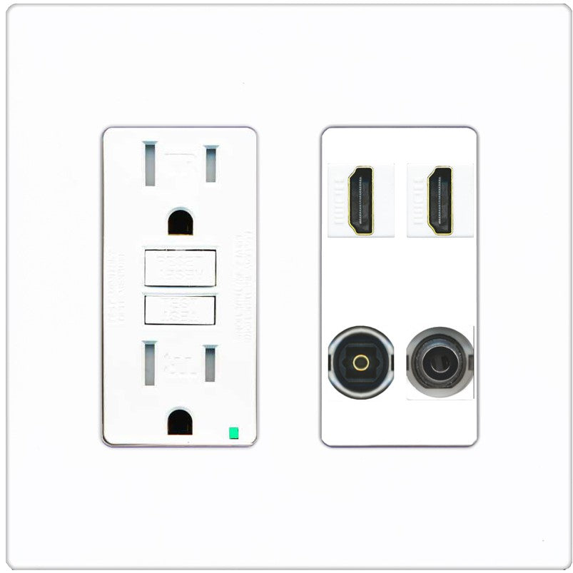 RiteAV 2 Port HDMI 1 Toslink 3.5mm Jack Wall Plate - GFCI Outlet [Screwless White]