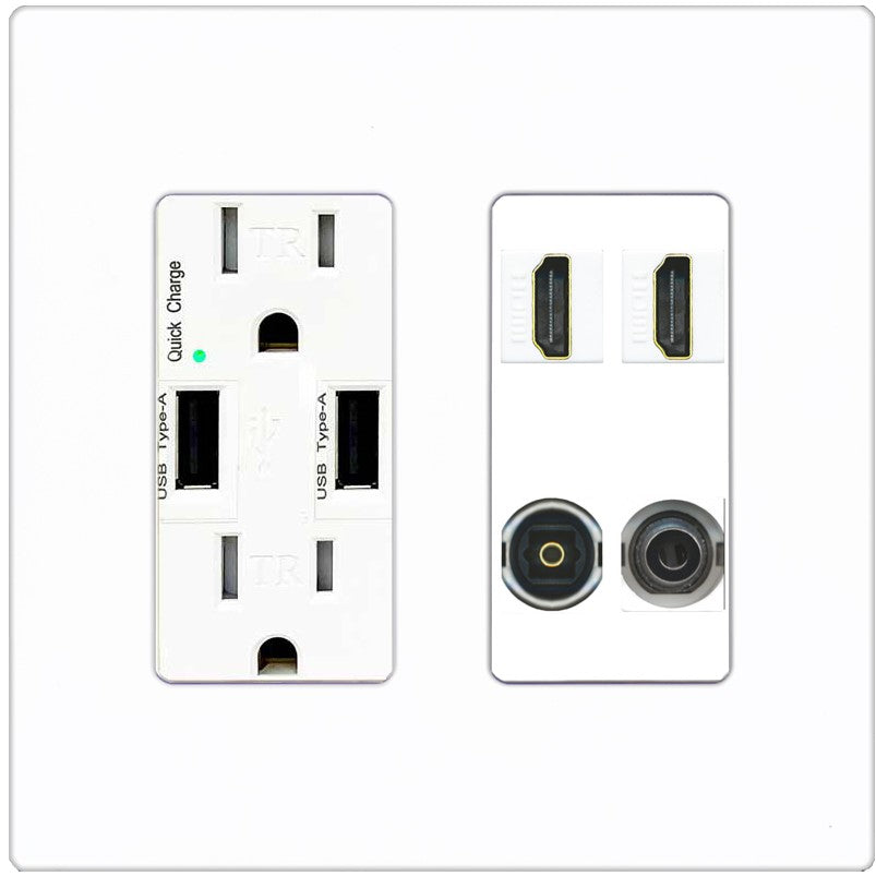 RiteAV 2 Port HDMI 1 Toslink 3.5mm Jack Wall Plate - USB Outlet [Screwless White]
