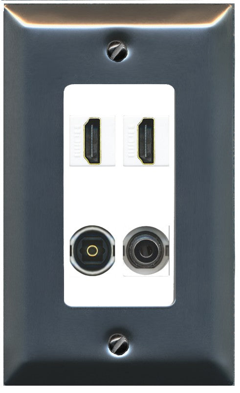 RiteAV 2 Port HDMI 1 Toslink 3.5mm Jack Wall Plate - 1 Gang Decorative [Stainless/White]
