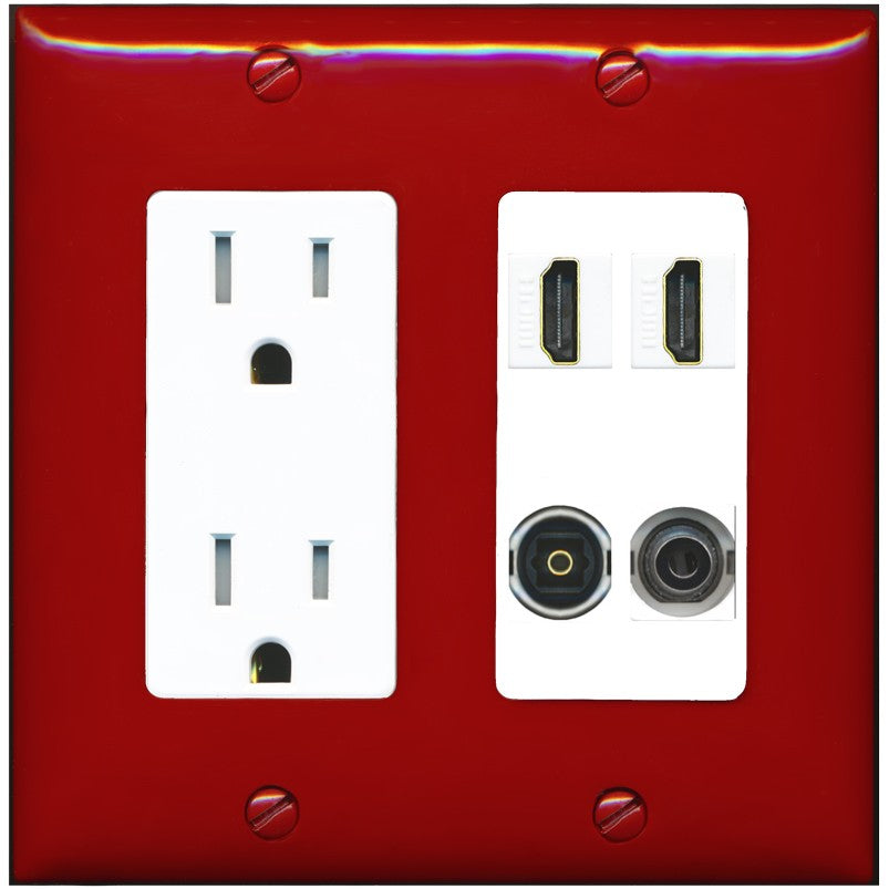 RiteAV 2 Port HDMI 1 Toslink 3.5mm Jack Wall Plate - Tamper-Resistant Outlet [Red/White]
