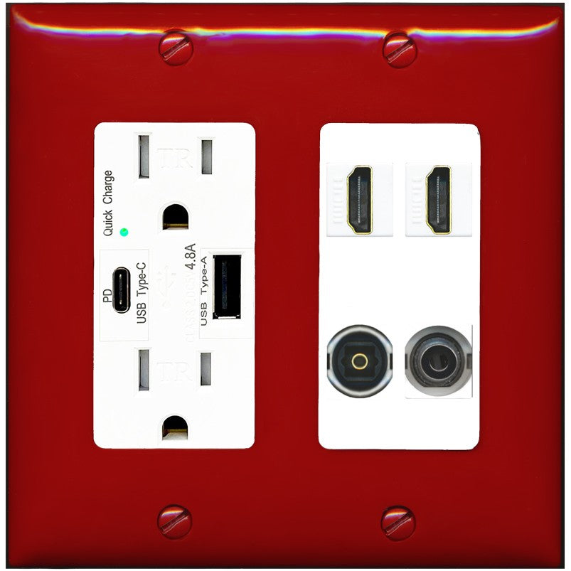 RiteAV 2 Port HDMI 1 Toslink 3.5mm Jack Wall Plate - USB A+C Outlet [Red/White]