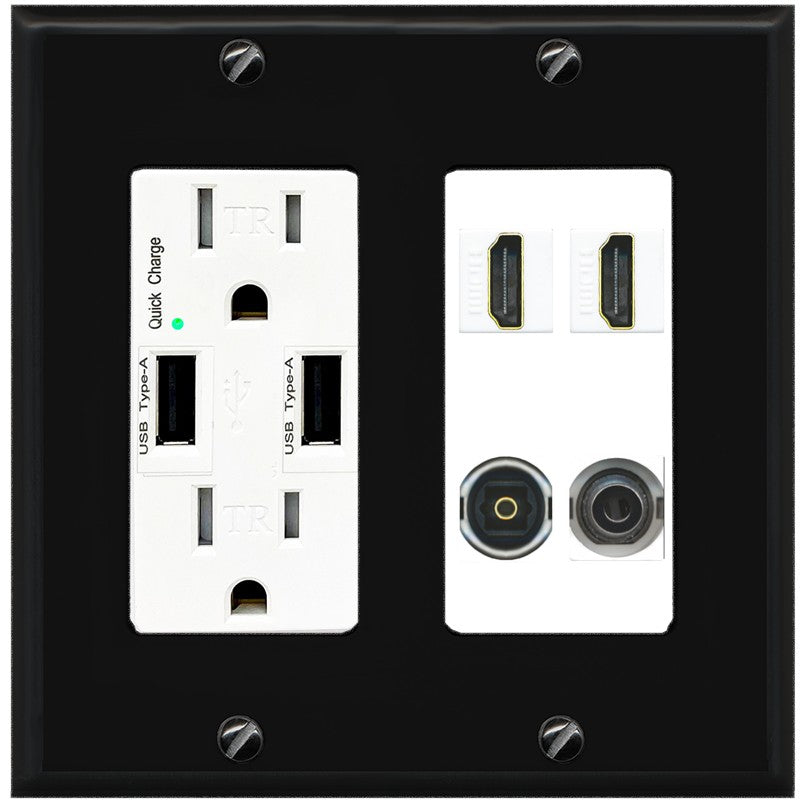 RiteAV 2 Port HDMI 1 Toslink 3.5mm Jack Wall Plate - USB Outlet [Black/White]