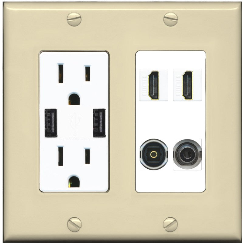 RiteAV 2 Port HDMI 1 Toslink 3.5mm Jack Wall Plate - USB Outlet [Ivory/White]