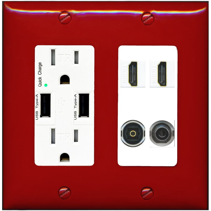 RiteAV 2 Port HDMI 1 Toslink 3.5mm Jack Wall Plate - USB Outlet [Red/White]