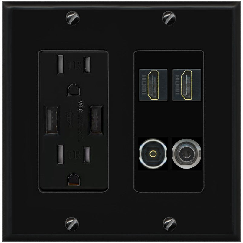 RiteAV 2 Port HDMI 1 Toslink 3.5mm Jack Wall Plate - USB Outlet [Black/Black]